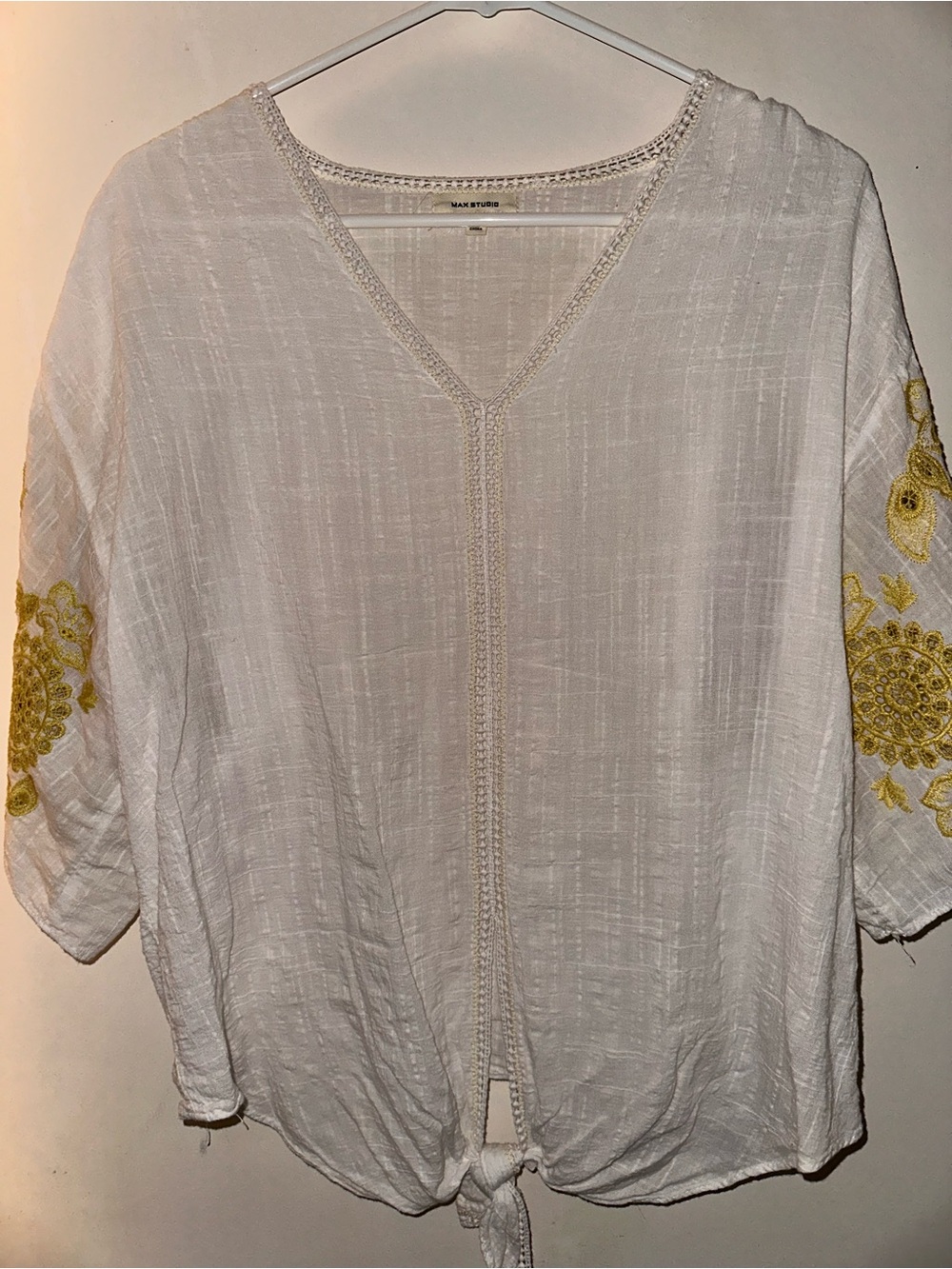 Max Studio White Gauze V-Neck Tie-Front Top with Yellow Sleeve Embroidery
